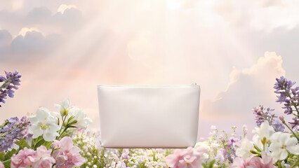 Minimalist White Cosmetic Bag Floating in Ethereal Flower Field