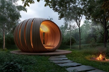 Wooden Pod Structure in Forest with Lush Greenery and Campfire Under Soft Lighting