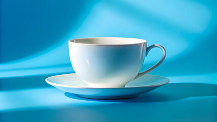 Pristine White Ceramic Teacup and Saucer on Blue Background with Sunlight