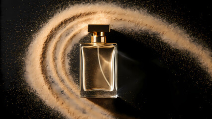 Luxurious Glass Perfume Bottle on Shimmering Golden Sand