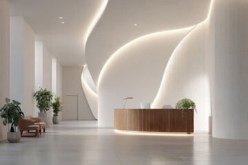 Modern, minimalist lobby with curved walls and wooden reception desk