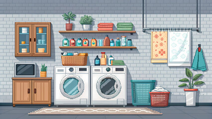 Pixel 8bit Laundry Room Background, 8bit pixel illustration, high-resolution