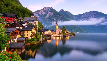Fototapeta premium Hallstatt at dawn reflected water view