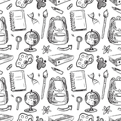 Back to school seamless pattern with backpack, school equipment in black brush stroke texture isolated on white. Hand drawn vector sketch illustration in vintage charcoal ink. Notebook cover design © Nataliya Pokrovska