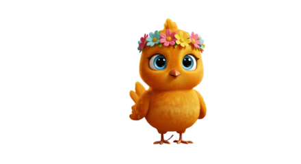Cute Cartoon Chick Illustration Wearing Floral Crown on Transparent Background