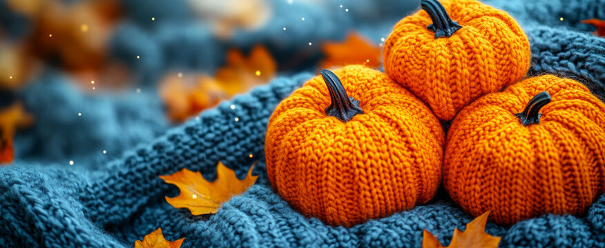 Vibrant orange pumpkins on cozy blanket. Three bright orange pumpkins sit atop a knitted blue blanket surrounded by autumn leaves, capturing the essence of fall.