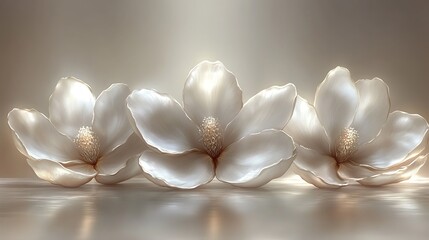 Three luminous magnolia blossoms in soft light.