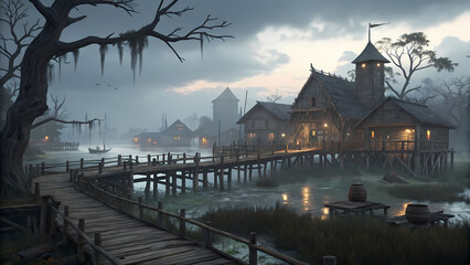 Elevated Wooden Town on Swamp, DnD inspired scene, for game scene background