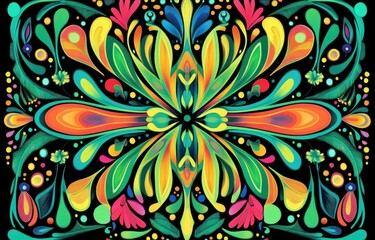 Fototapeta premium Vibrant symmetrical floral pattern with bright colors and organic shapes on black background.