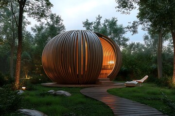 Wooden Spherical Structure Amidst Forest, Cozy Interior Lighting, and Modern Wood Path