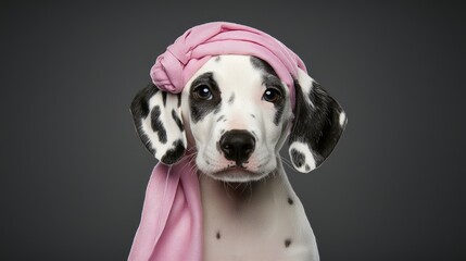 Adorable Dalmatian Puppy with Pink Headband in Studio Setting with Gray Background