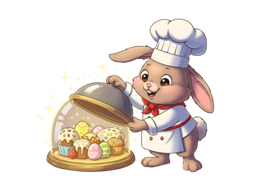 Cute Illustration Of A Happy Bunny Chef Holding Easter Egg Pastries