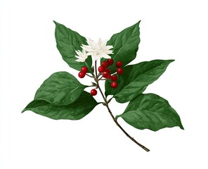 Coffee plant sprig with flowers and berries