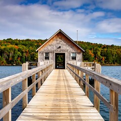 Obraz premium Wooden dock leading to a rustic cabin