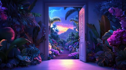 Serene Gateway Through Vibrant Tropical Garden at Dusk with Lush Plants and Colorful Flowers