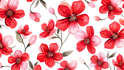 Seamless pattern with red flowers and botanical elements in decorative style isolated on white background