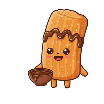 Cute Cartoon Churro Illustration With Chocolate Dip Smiling Transparent Background