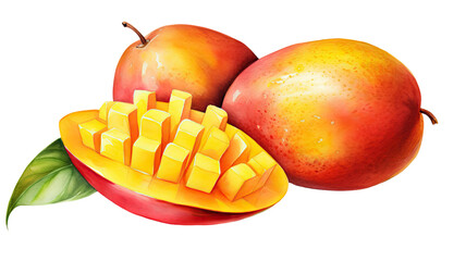 Fresh ripe mango with vibrant yellow-orange skin and juicy flesh isolated on white background