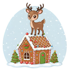 Naklejka premium Cute Cartoon Christmas Deer Standing On Gingerbread House Illustration