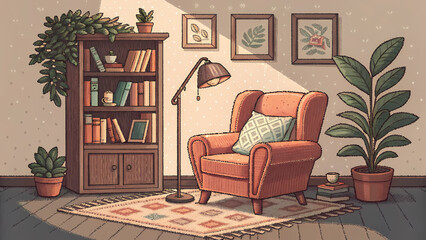 Cozy Pixel Reading Nook Banner, 8bit pixel illustration, high-resolution