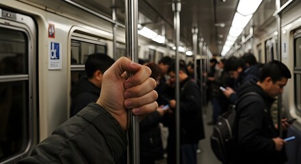 Close-up of a hand holding a subway handrail inside a crowded train, concept of daily commuting, urban transportation, and public transit, focus on grip and movement, blurred background for depth.