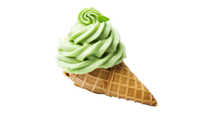 Ice cream cone with mint flavored scoop and fresh mint leaves isolated on white background