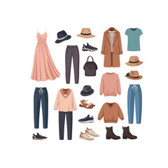 Fashion-sets-of-summer-outfits-with-casual-clothes,-bags-and-accessories-for-woman-vector-illustration-on--white-background.