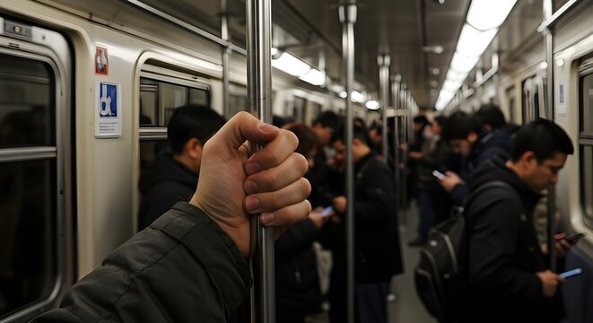 Close-up of a hand holding a subway handrail inside a crowded train, concept of daily commuting, urban transportation, and public transit, focus on grip and movement, blurred background for depth.