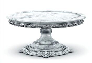 Elegant, round marble cake stand with ornate silver trim