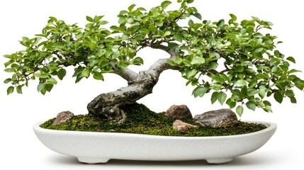 Serene Green Bonsai Tree in White Ceramic Pot with Rocks and Moss for Tranquil Indoor Decor and Meditation