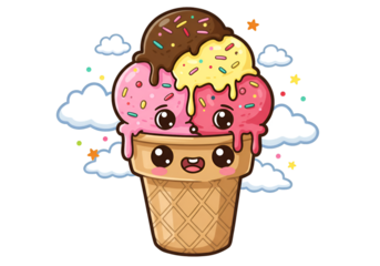 Cute Cartoon Ice Cream Illustration In Transparent Background With Sprinkles