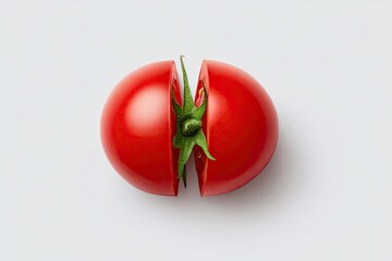 A halved, vibrant red tomato,  stem and leaves centered