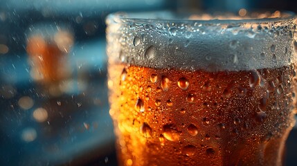 Icy Cold Beer Glass with Droplets, Reflecting Rain on Window