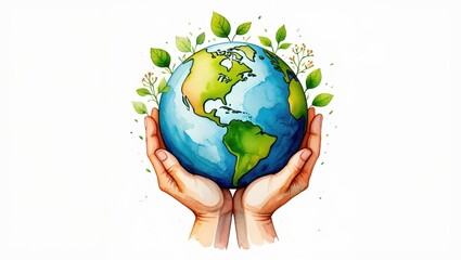Hands holding a vibrant earth surrounded by green leaves symbolizing environmental protection