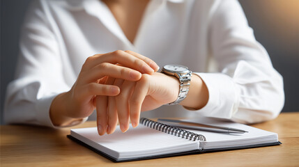 Detail shot of hands of woman in a white shirt checking a wristwatch ,businesswoman.