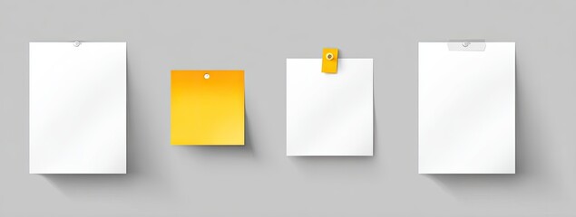 Blank paper sheets, sticky notes, and notepads on gray background