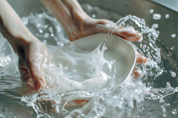 Fototapeta premium Close-up of hands washing a white ceramic plate with soap foam and splashing water — a dynamic shot of cleanliness, kitchen care, and hygiene