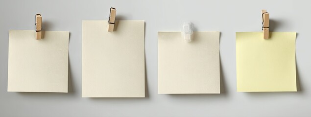 Four blank sticky notes affixed to a light gray surface with wooden clothespins