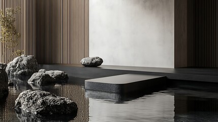 Zen Garden Platform in Water with Rocks and Trees Under Soft Lighting, Minimalist