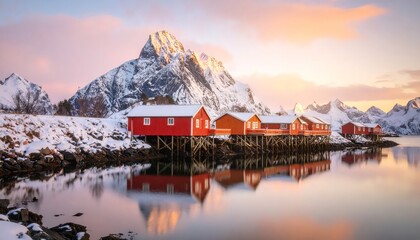 Fototapeta premium Lofoten cabins bask in sunrise glow
