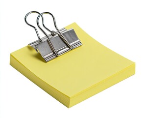 A stack of yellow sticky notes held by a metal binder clip