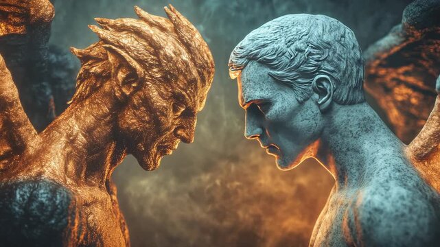 A man faces off against a fierce monster in an epic battle.