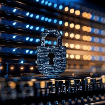 Digital padlock symbolizing data security. Cybersecurity data protection with digital lock, server background secure technology, encryption security lock concept
