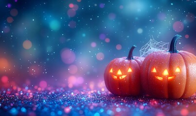 Two glowing jack o lantern pumpkins with spider web on blue and pink bokeh background