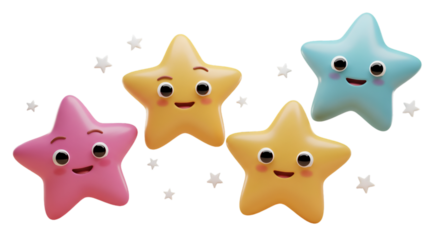 Cute Cartoon Stars With Smiling Faces Isolated on Transparent Background