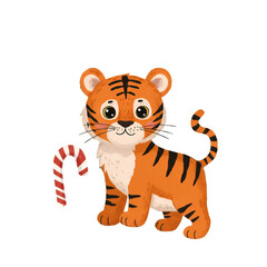Cute Cartoon Tiger Illustration With Christmas Candy Cane On Transparent