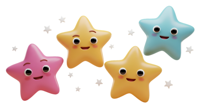 Cute Cartoon Stars With Smiling Faces Isolated on Transparent Background