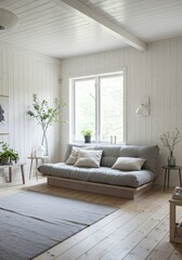 Fototapeta premium Cozy Minimalist Living Room Interior Design Grey Futon Sofa, White Walls, Wooden Floor and Plant Decor.