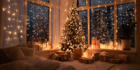 Cozy Christmas Eve scene with decorated tree and gifts