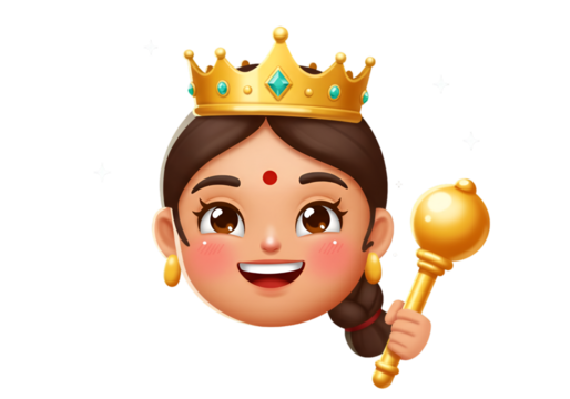 Cute Cartoon Queen Illustration With Golden Crown And Mace On Transparent Background